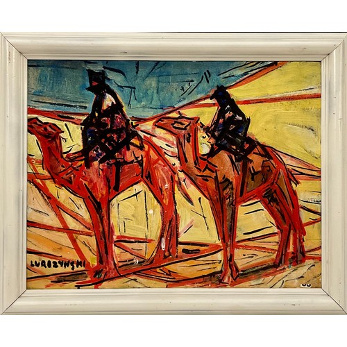 1215 - Mieczyslaw Lurczynski (Polish 1907 - 1992)
Figures Riding Camels
signed, oil on board, 26cm x 34cm