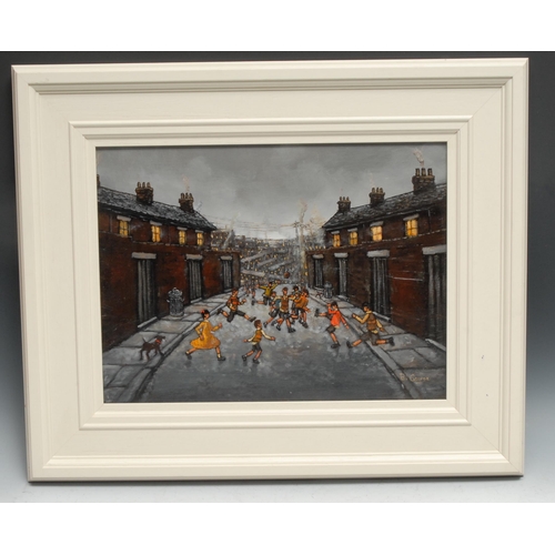 1222 - Phil George (Bn.1960)
A Football Match in a Northern Street
signed, oil on board, 29cm x 40cm