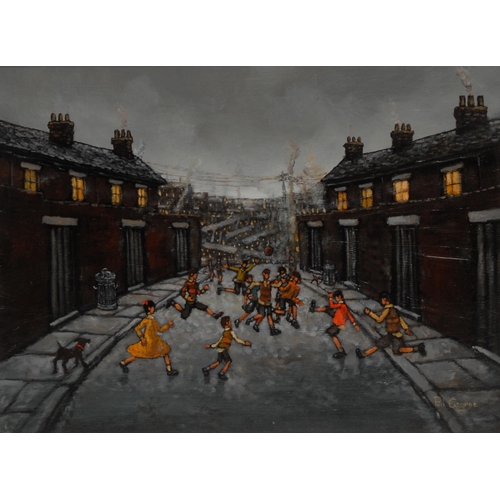 1222 - Phil George (Bn.1960)
A Football Match in a Northern Street
signed, oil on board, 29cm x 40cm