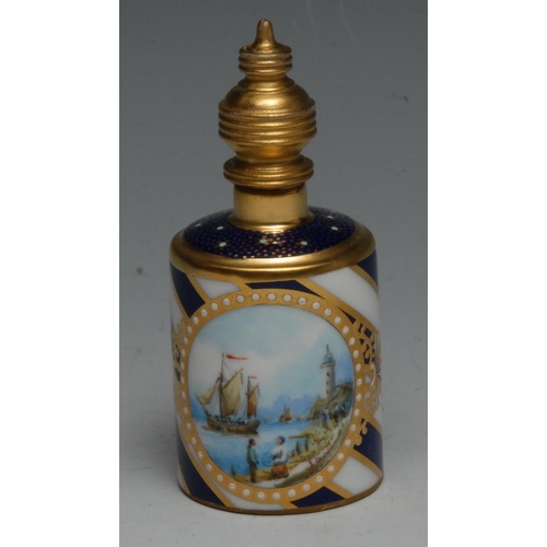 808 - A Lynton porcelain barrel-shaped scent bottle, painted by Stefan Nowacki, monogrammed, with sailing ... 