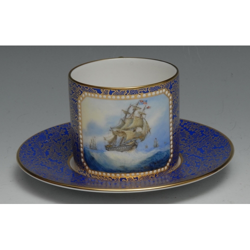 813 - A Lynton porcelain cabinet coffee can and stand, painted by Stefan Nowacki, signed, with a schooner ... 