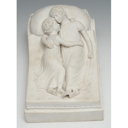 682 - A 19th century parian ware sculptural model, of a mother and child on a Neo-Classical bed, rectangul... 