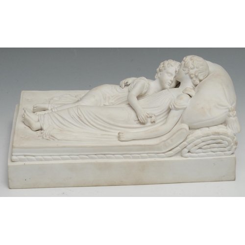 682 - A 19th century parian ware sculptural model, of a mother and child on a Neo-Classical bed, rectangul... 