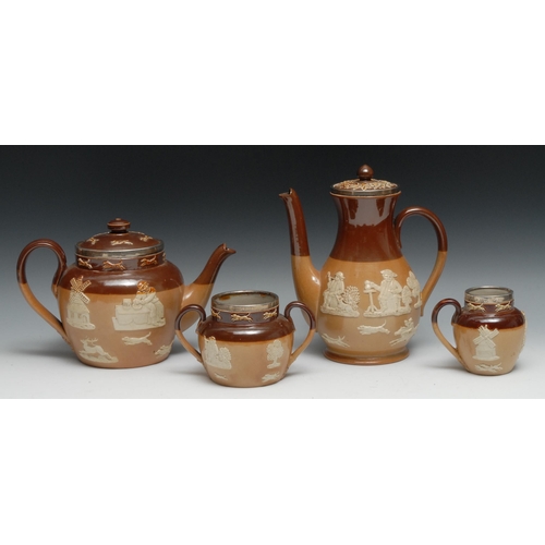 525 - A Royal Doulton silver mounted brown and buff salt glazed stoneware three piece tea service, typical... 