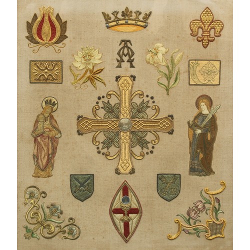 1347 - A 19th century needlework banner, finely worked in coloured threads on a linen ground with appliques... 