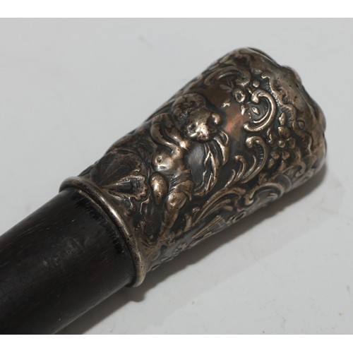 1338 - A George V silver mounted walking stick, domed pommel engraved with leafy scrolls, ebonised cane, 92... 