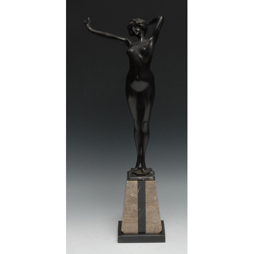 1670 - Continental School, a dark patinated bronze, of an Art Deco female nude, geometric marble base, 47cm... 