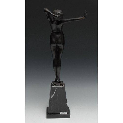 1670 - Continental School, a dark patinated bronze, of an Art Deco female nude, geometric marble base, 47cm... 