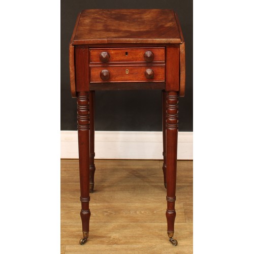 1616 - A George IV mahogany work table, rounded rectangular top with fall leaves above a double-fronted fri... 