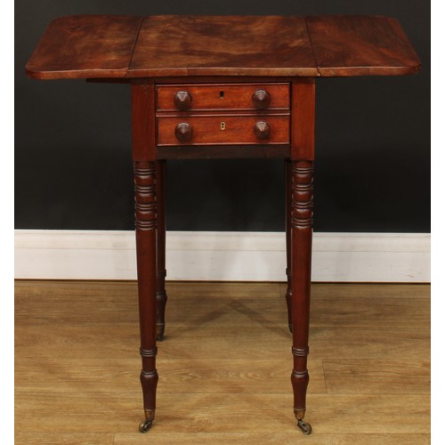 1616 - A George IV mahogany work table, rounded rectangular top with fall leaves above a double-fronted fri... 