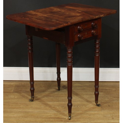 1616 - A George IV mahogany work table, rounded rectangular top with fall leaves above a double-fronted fri... 