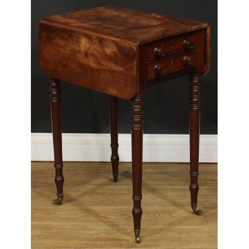 1616 - A George IV mahogany work table, rounded rectangular top with fall leaves above a double-fronted fri... 