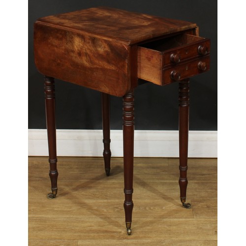 1616 - A George IV mahogany work table, rounded rectangular top with fall leaves above a double-fronted fri... 