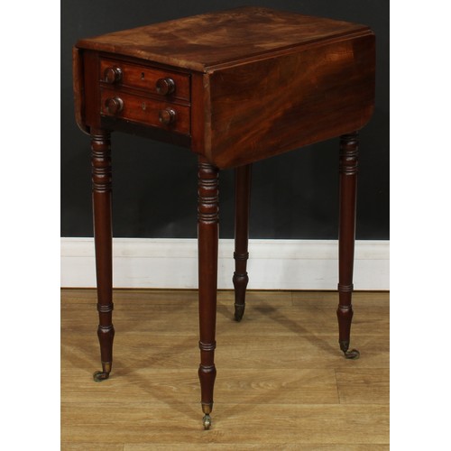 1616 - A George IV mahogany work table, rounded rectangular top with fall leaves above a double-fronted fri... 