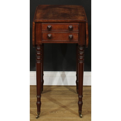 1616 - A George IV mahogany work table, rounded rectangular top with fall leaves above a double-fronted fri... 