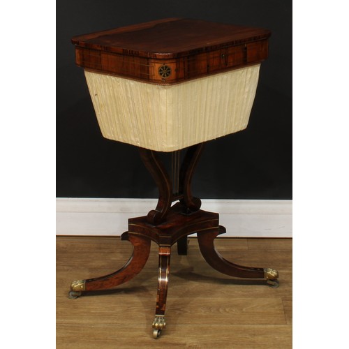 1774 - A Regency rosewood and brass marquetry work table, hinged top enclosing a fitted interior, pleated s... 