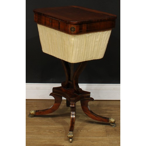 1774 - A Regency rosewood and brass marquetry work table, hinged top enclosing a fitted interior, pleated s... 