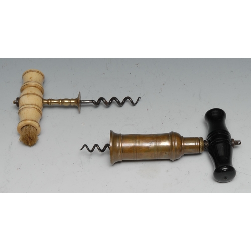 1622 - A 19th century mechanical corkscrew, brass barrel, turned ebonised handle, 16.5cm long; another, dir... 