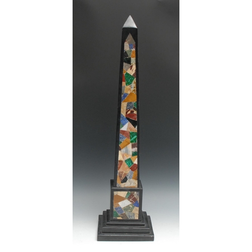 1801 - A large pietra dura obelisk, inlaid with an irregular field of malachite, lapis lazuli and other spe... 