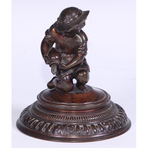 1394 - A 19th century French brown patinated bronze, of a young girl pouring water from a jar, domed base, ... 