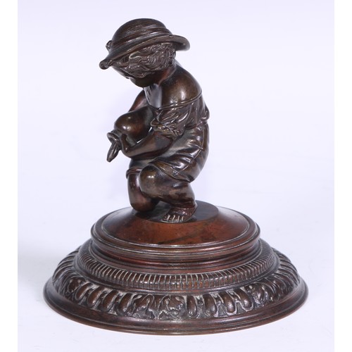 1394 - A 19th century French brown patinated bronze, of a young girl pouring water from a jar, domed base, ... 