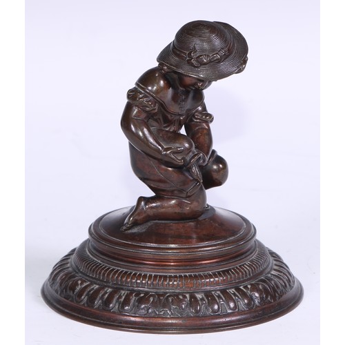 1394 - A 19th century French brown patinated bronze, of a young girl pouring water from a jar, domed base, ... 