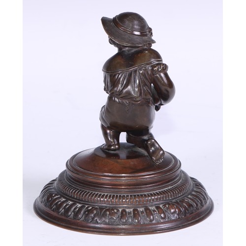 1394 - A 19th century French brown patinated bronze, of a young girl pouring water from a jar, domed base, ... 