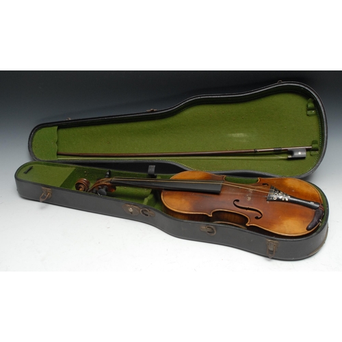 1367 - A German violin, the two-piece back 36cm excluding button, paper label printed Antonius Stradivarius... 