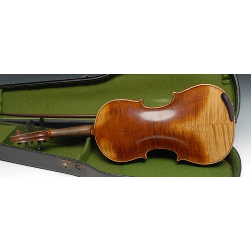 1367 - A German violin, the two-piece back 36cm excluding button, paper label printed Antonius Stradivarius... 