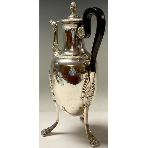 113 - A French silver coffee pot, hinged cover with bud finial, mask to spout, tall outswept lion monopodi... 