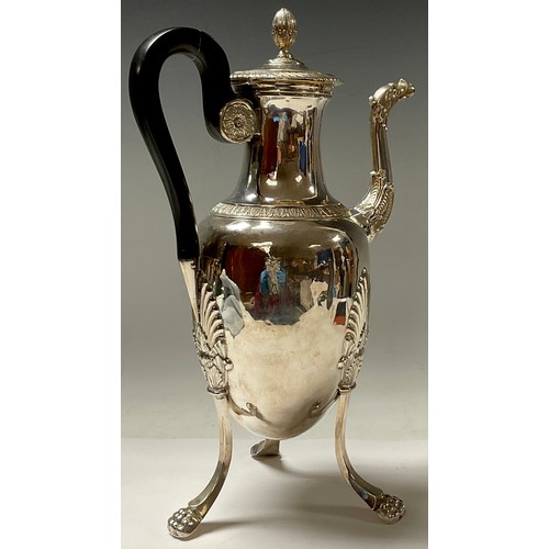 113 - A French silver coffee pot, hinged cover with bud finial, mask to spout, tall outswept lion monopodi... 