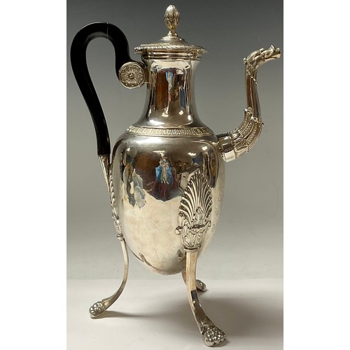 113 - A French silver coffee pot, hinged cover with bud finial, mask to spout, tall outswept lion monopodi... 