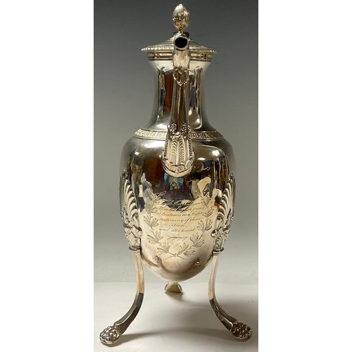 113 - A French silver coffee pot, hinged cover with bud finial, mask to spout, tall outswept lion monopodi... 