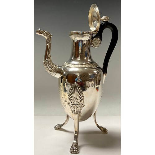 113 - A French silver coffee pot, hinged cover with bud finial, mask to spout, tall outswept lion monopodi... 