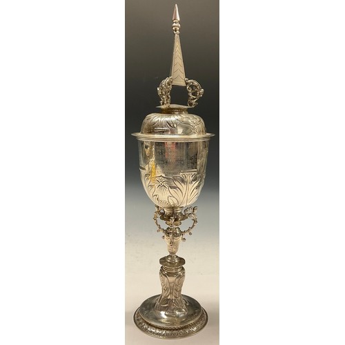 174 - A George V silver steeple cup, after the Elizabethan, 43cm high, Lambert & Co, London 1912, 820g