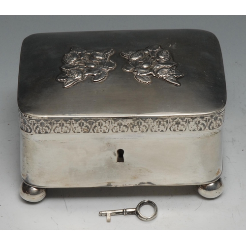 79 - A 19th century Continental silver rounded rectangular box, hinged cover applied with roses, bun feet... 