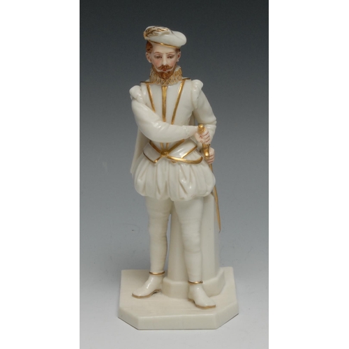 619 - A Royal Worcester figure, modelled by James Hadley, Sir Walter Raleigh, standing holding his sword, ... 