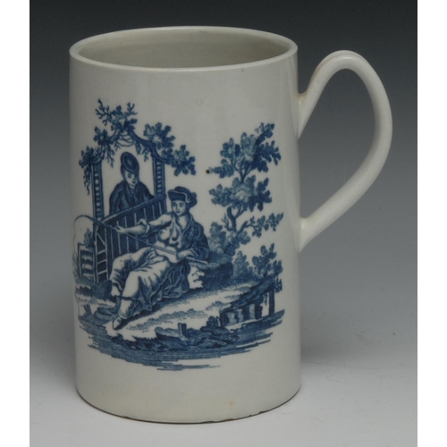 659 - A Worcester cylindrical mug, printed in underglaze blue with La Peche and La Promenade, 14.5cm high,... 