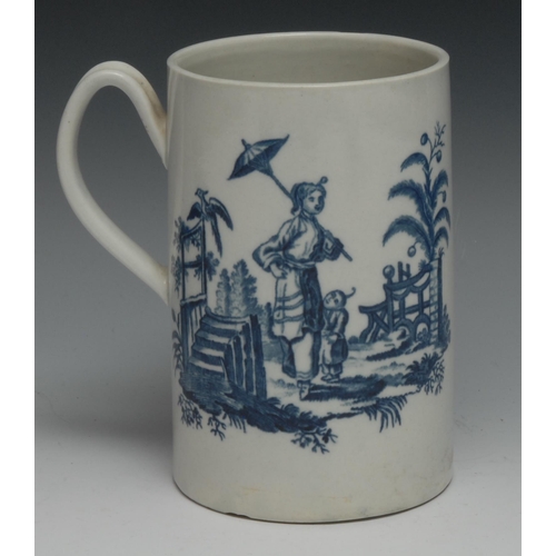 659 - A Worcester cylindrical mug, printed in underglaze blue with La Peche and La Promenade, 14.5cm high,... 