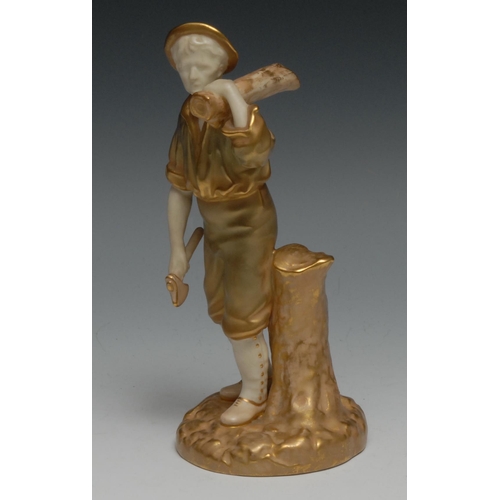 620 - A Royal Worcester figure, The Woodsman, in burnished gilt and blush ivory,  17.5cm high, printed mar... 