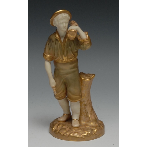 620 - A Royal Worcester figure, The Woodsman, in burnished gilt and blush ivory,  17.5cm high, printed mar... 