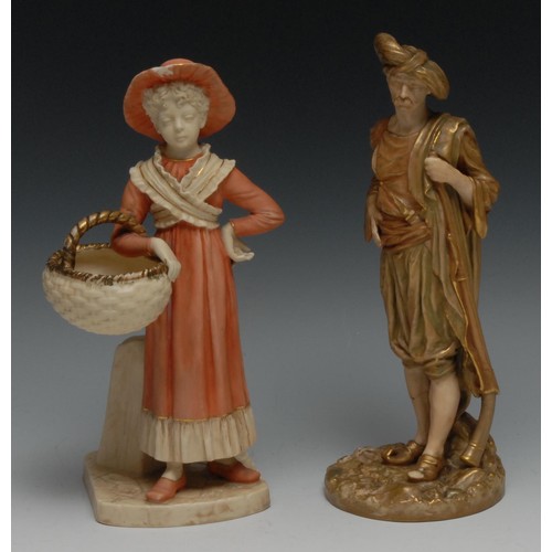 676 - A Royal Worcester figure, of a young girl, standing with a basket, wearing a bonnet, 22cm high, prin... 