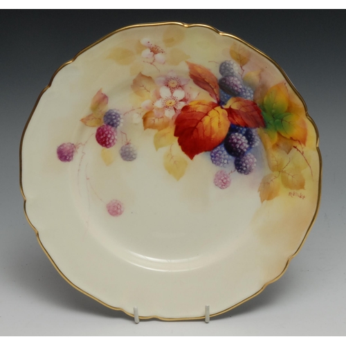 639 - A Royal Worcester shaped circular plate, painted by K Blake, signed with autumn leaves and berries, ... 