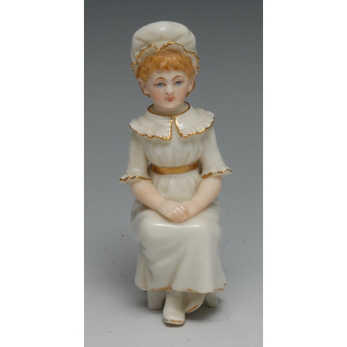 614 - A Royal Worcester figure, modelled by James Hadley after Kate Greenaway, of a girl, on a chair, she ... 