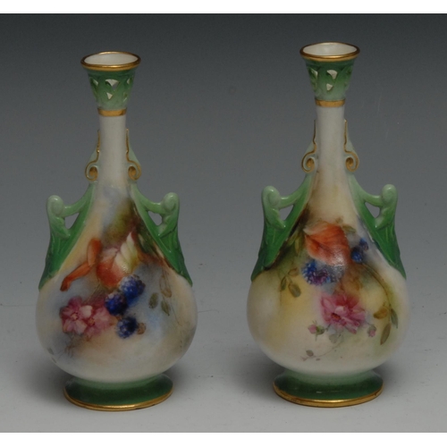 571 - A pair of Hadley Worcester miniature baluster vases,  painted with Autumnal leaves and berries, pier... 