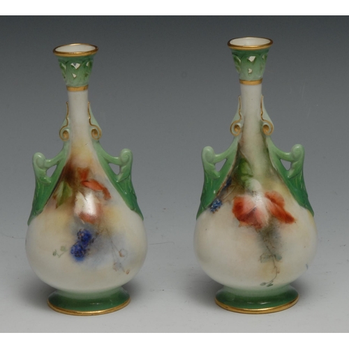 571 - A pair of Hadley Worcester miniature baluster vases,  painted with Autumnal leaves and berries, pier... 