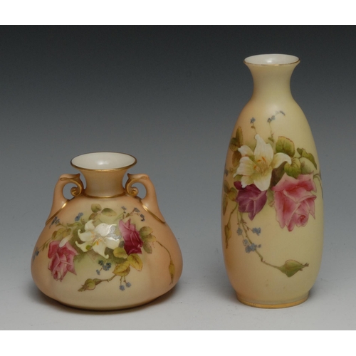 649 - A Royal Worcester two handled vase, printed and painted with simmer flowers on a blush ivory ground,... 