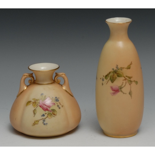 649 - A Royal Worcester two handled vase, printed and painted with simmer flowers on a blush ivory ground,... 