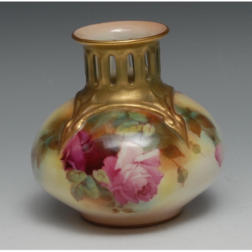 625 - A Royal Worcester globular vase,  with pierced neck painted with roses, in relief with tendrils, 10.... 