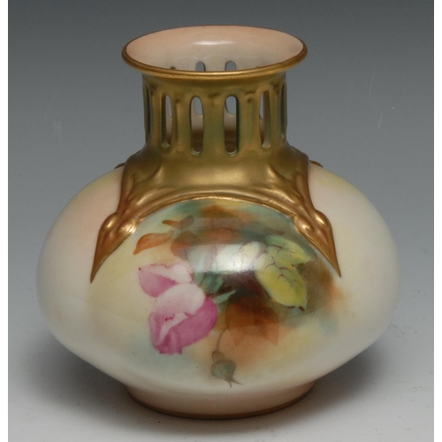 625 - A Royal Worcester globular vase,  with pierced neck painted with roses, in relief with tendrils, 10.... 